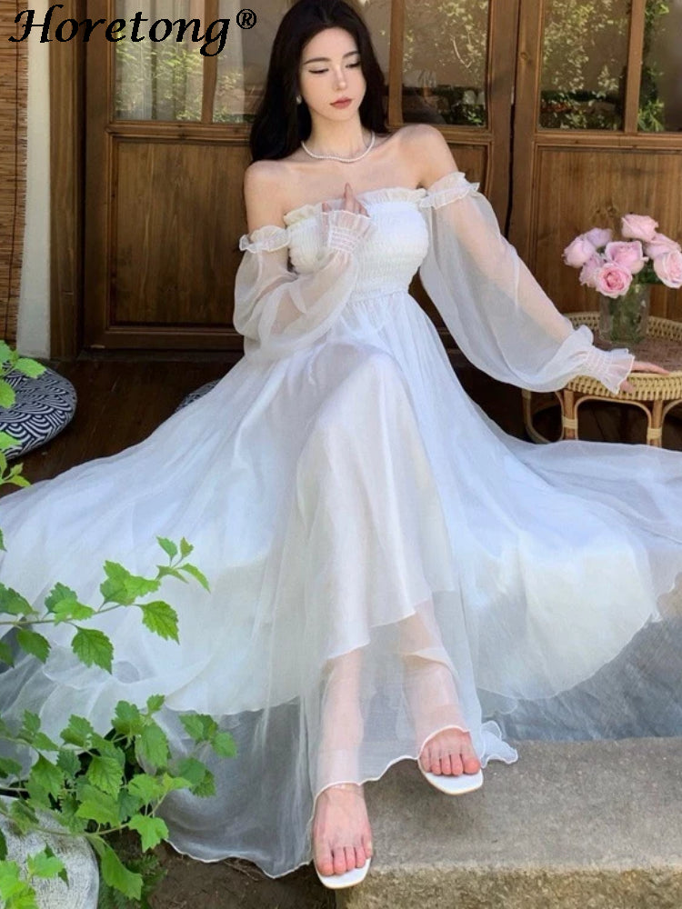 Horetong Elegant Maxi Dresses For Women White Off Shoulder Puff Long Sleeve Ela image 6