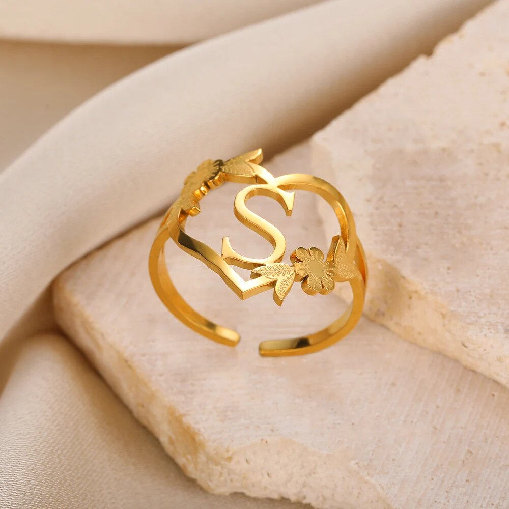 Stainless Steel Initials Flower Heart Rings Gold Color Adjustable Delicate Lett image 16