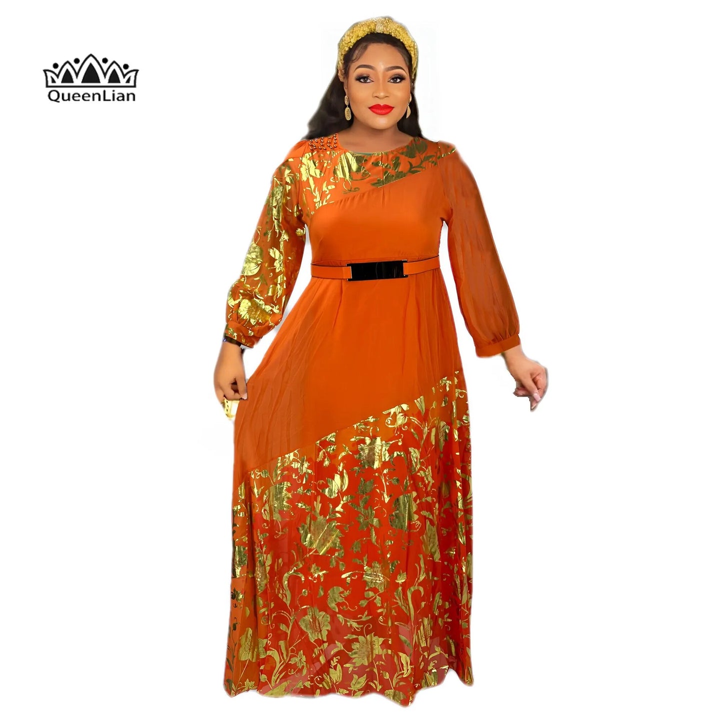 Gorgeous golden printed African dress with belt, perfect for dinner attire image 3