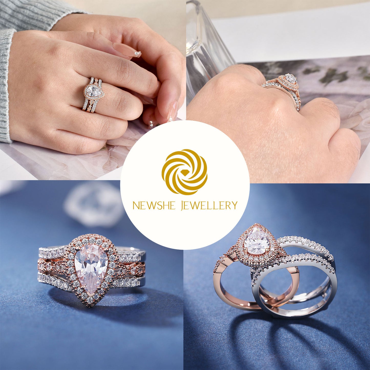 Newshe Yellow Rose Gold Engagement Ring Set 925 Sterling Silver Adjustable image 3
