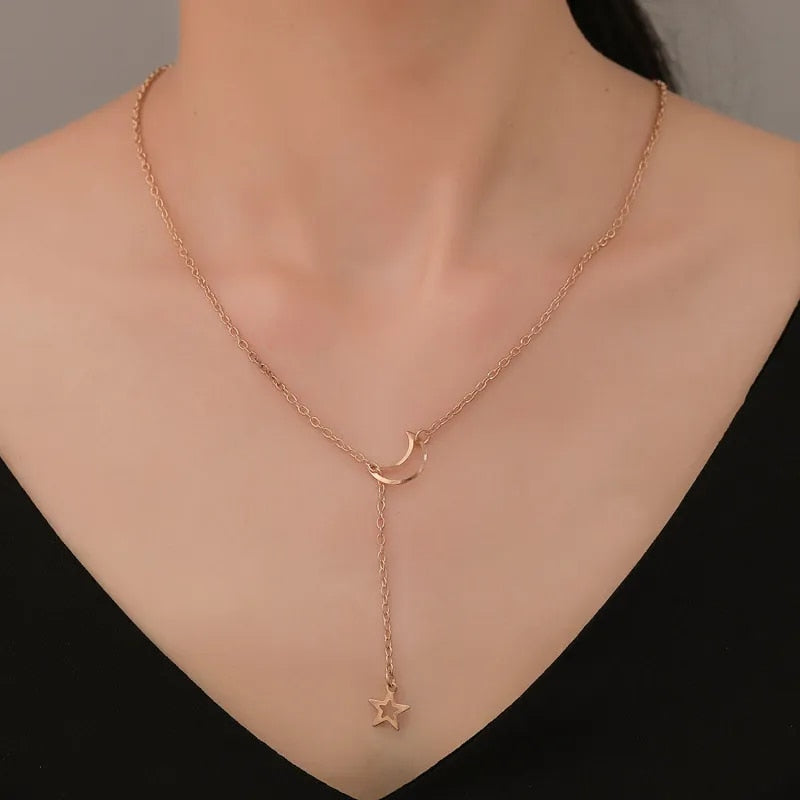 New Simple Moon Star Pendant Choker Necklace Simple Gold Color Alloy Charm Chai image 6