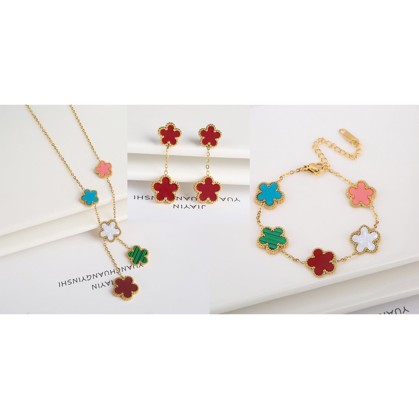 3Pcs 18k Gold-Plated Five-Leaf Flower Necklace Earrings Bracelet Jewelry Set Fo image 17