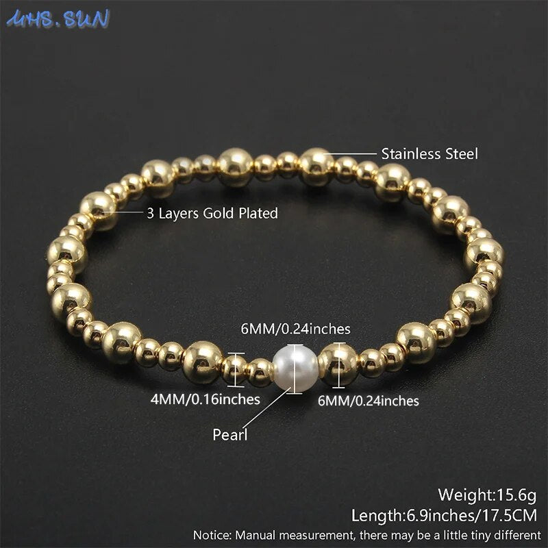 MHS.SUN Elegant Natural Pearl Gold Plated Stainless Steel Beaded Bracelet Handm image 2