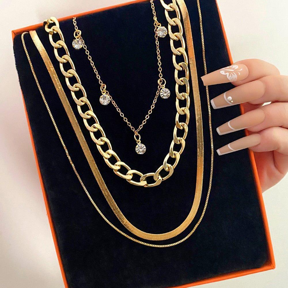 IPARAM Trendy Gold Color Multi-layer Chain Necklace for Women Crystal Pendant T image 2