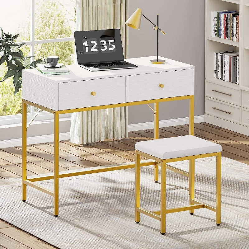 SUPERJARE 35.4" White and Gold Desk with 2 Drawers, Modern Makeup Vanity Desk w image 1