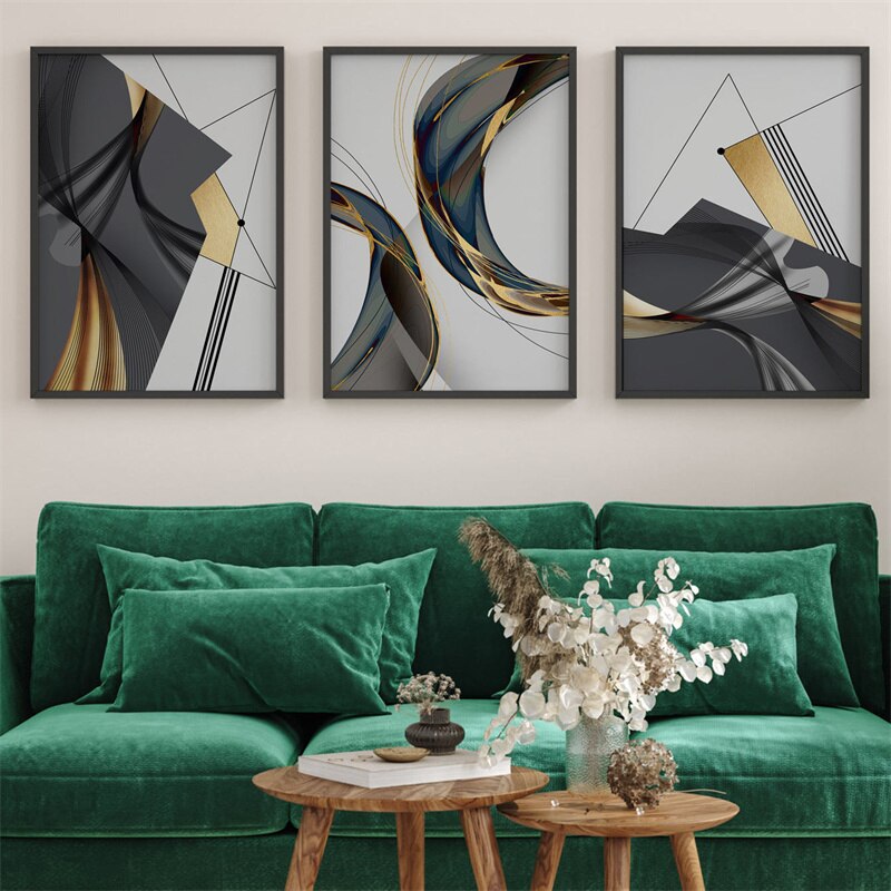 Modern Abstract Geometric Canvas Painting Black Gold Lines Wall Art Poster Pict image 3