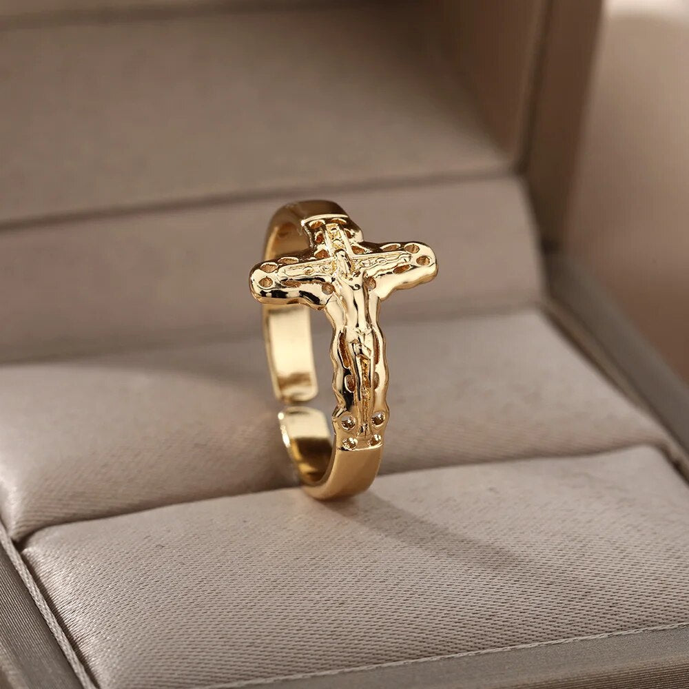 Jesus Cross Rings For Women Men Metal Golden Wide Large Adjustable Ring Vintage image 0