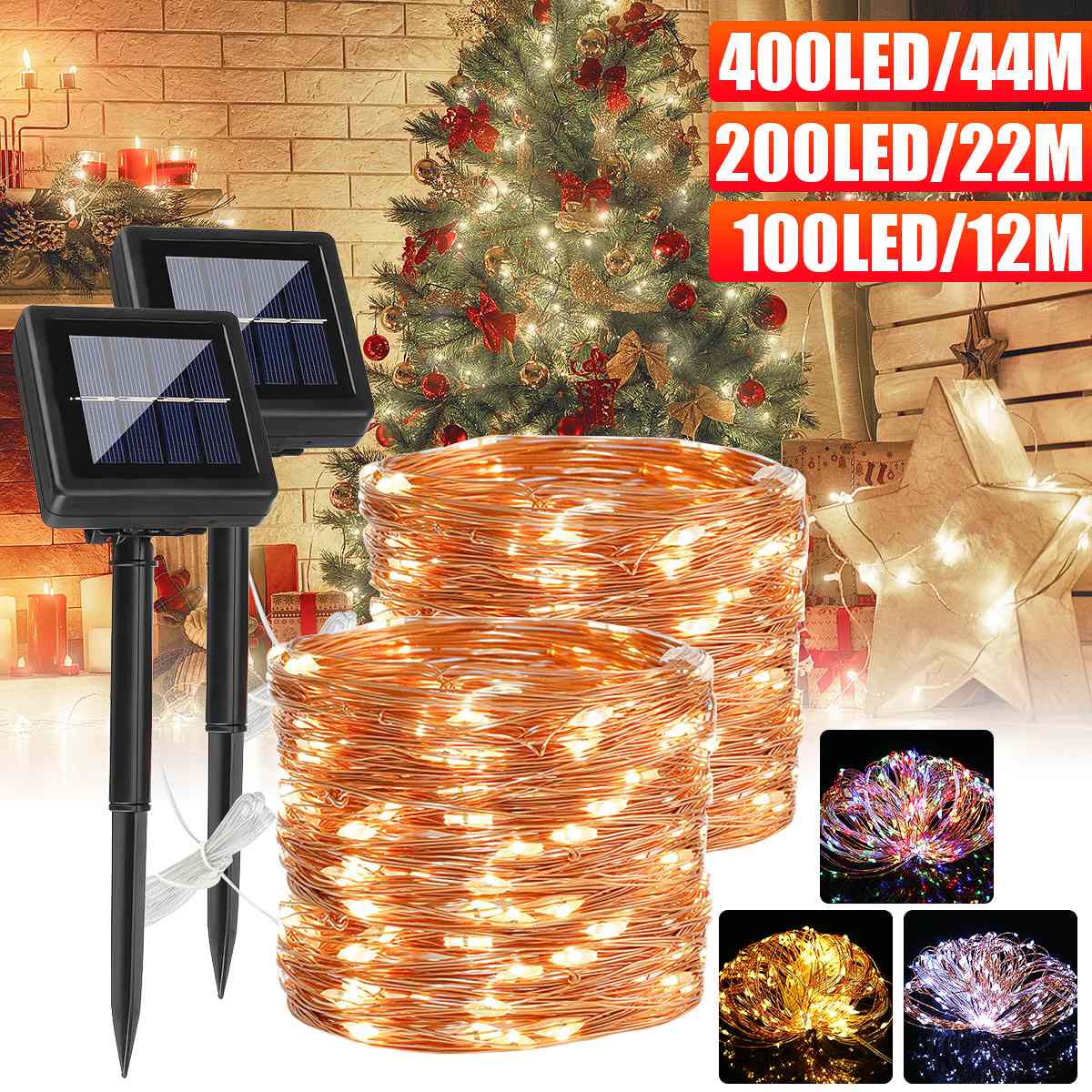 200/100/30LED 22/12/6.5M Solar Powered IP65 Waterproof Fairy String Copper Wire image 0