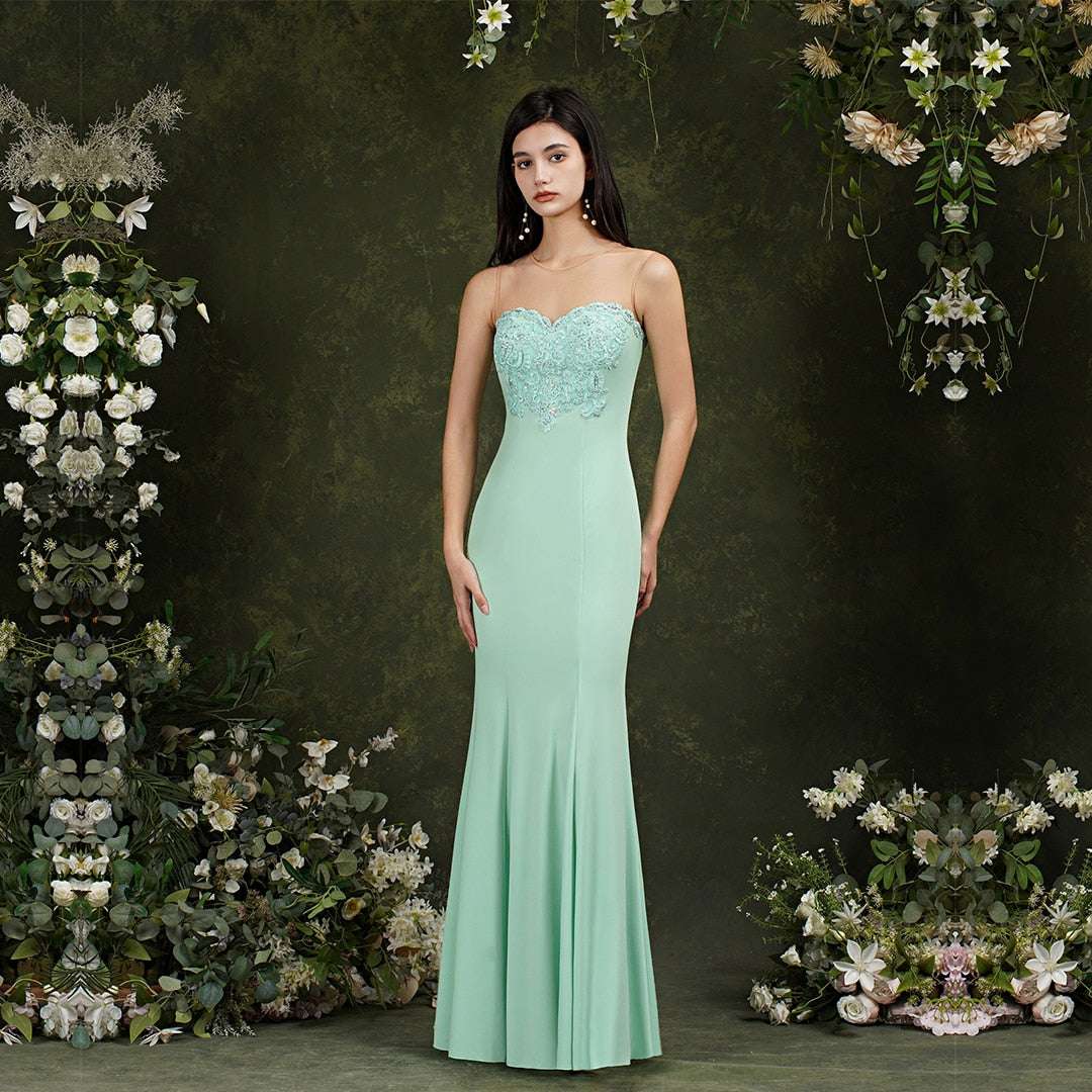 BABYONLINE Mermaid Bridesmaid Dresses Mint Green Gold Appliqués Beads Sweethear image 1