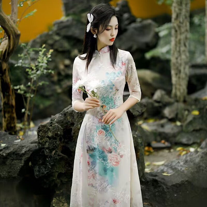 Summer Chiffon Ao Dai Elegant Dress Qipao Oriental Printing Dress Qipao Vietnam image 4