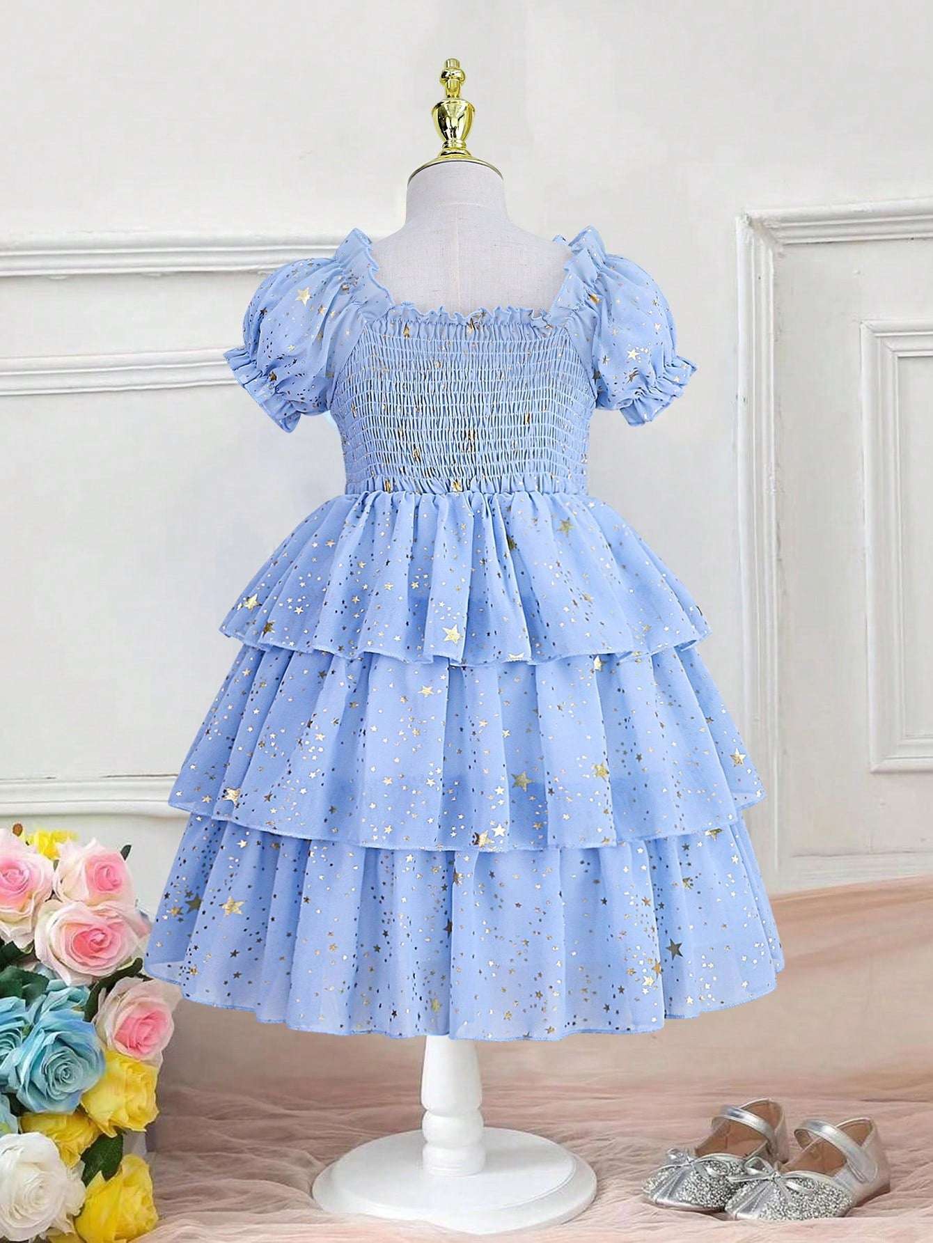 Toddler Girls Gold Star Print Puff Sleeve Layer Hem Dress image 1