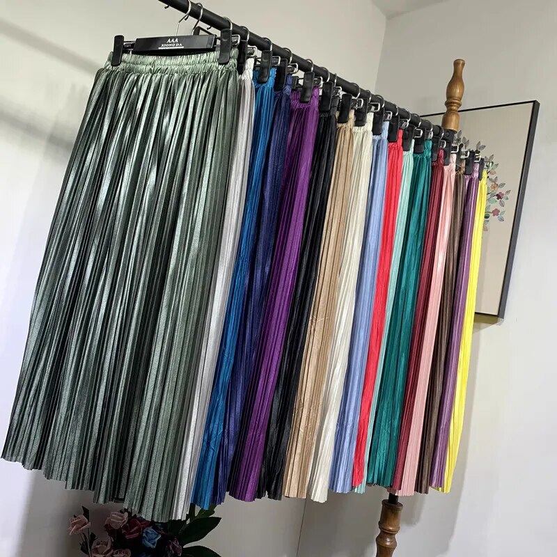 Silver Gold Pleated Skirt Womens Vintage High Waist Skirt 2023 Winter Long Warm image 18