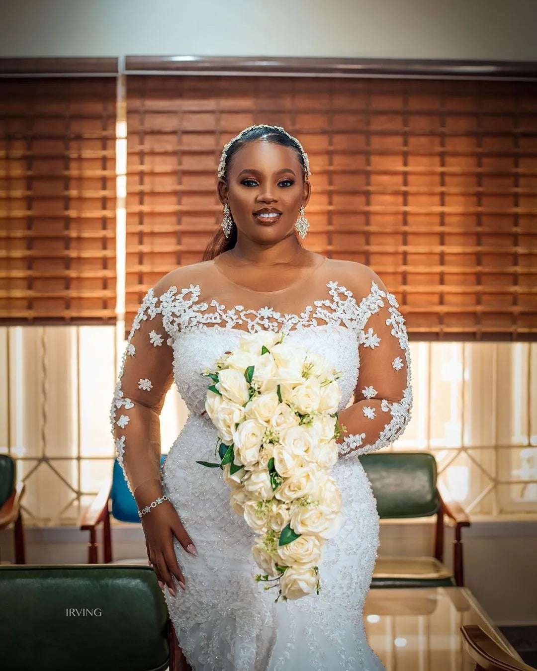 Plus Size African Wedding Dresses Mermaid Long Sleeves Appliques Beaded Women B image 2