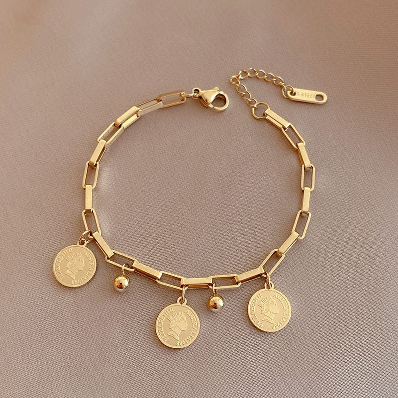 MEYRROYU Stainless Steel Layered Golden Pendant Bracelet For Women Retro image 14