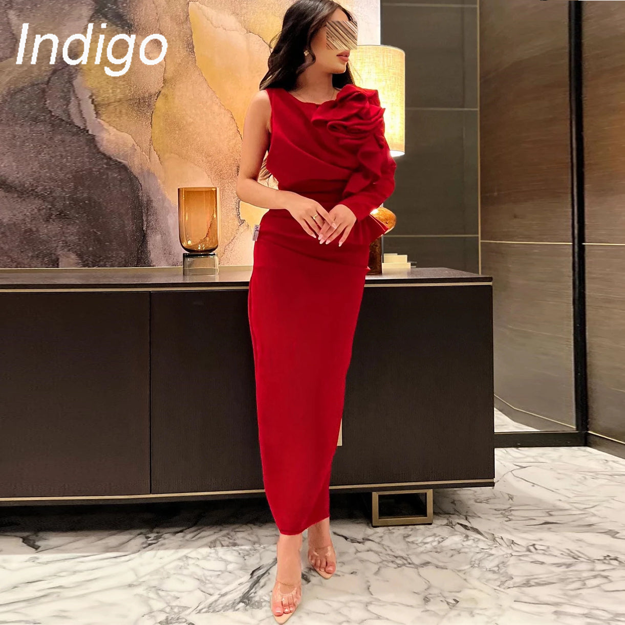 Vestidos de noche índigo saudíes con escote redondo y un hombro, corte sirena, abertura para mujer, parte formal