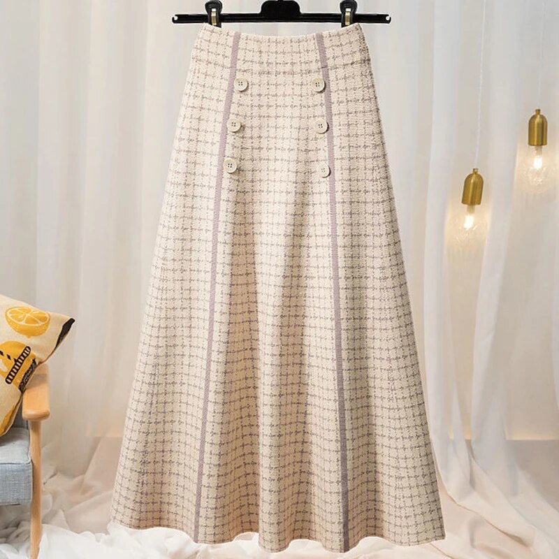 Falda de punto con botones a cuadros de cintura alta para mujer, moda de otoño e invierno, nueva, de talla media-larga
