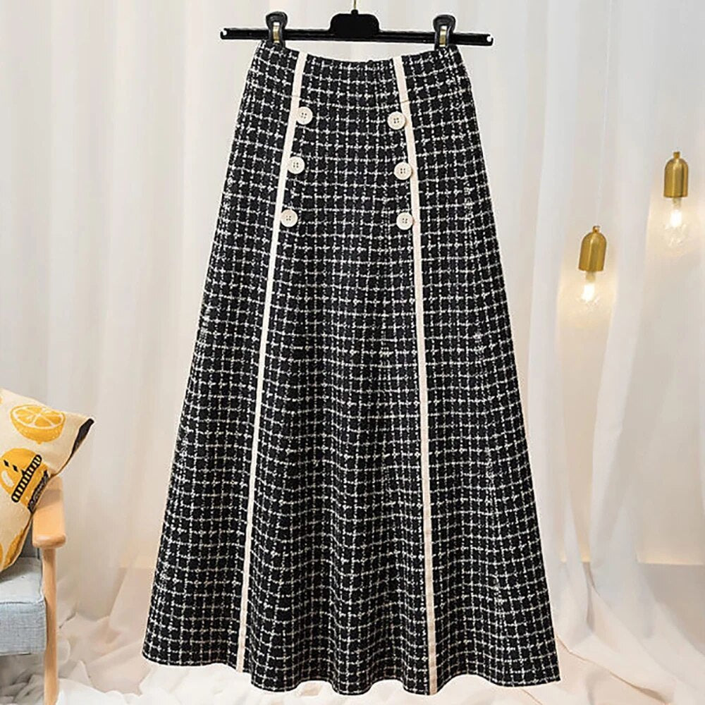 Falda de punto con botones a cuadros de cintura alta para mujer, moda de otoño e invierno, nueva, de talla media-larga