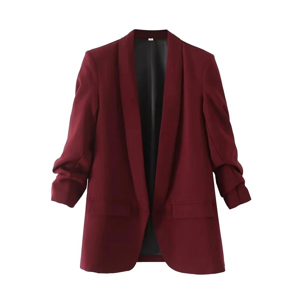 TRAF Mujeres Moda Oficina Ropa Blazer Abierto Abrigo Vintage Mangas Largas Plisadas Fl