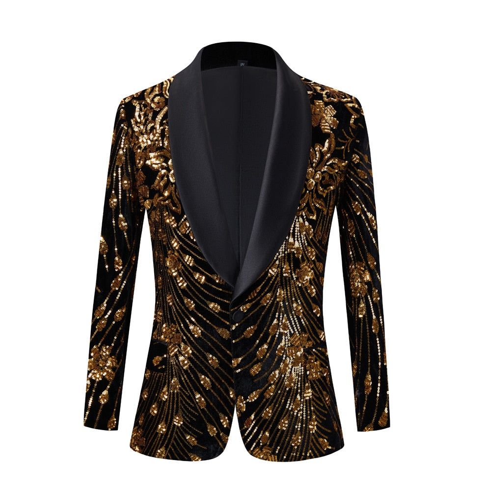Black Shiny Gold Sequin Glitter Embellished Blazer Jacket Nightclub Prom Suit image 7