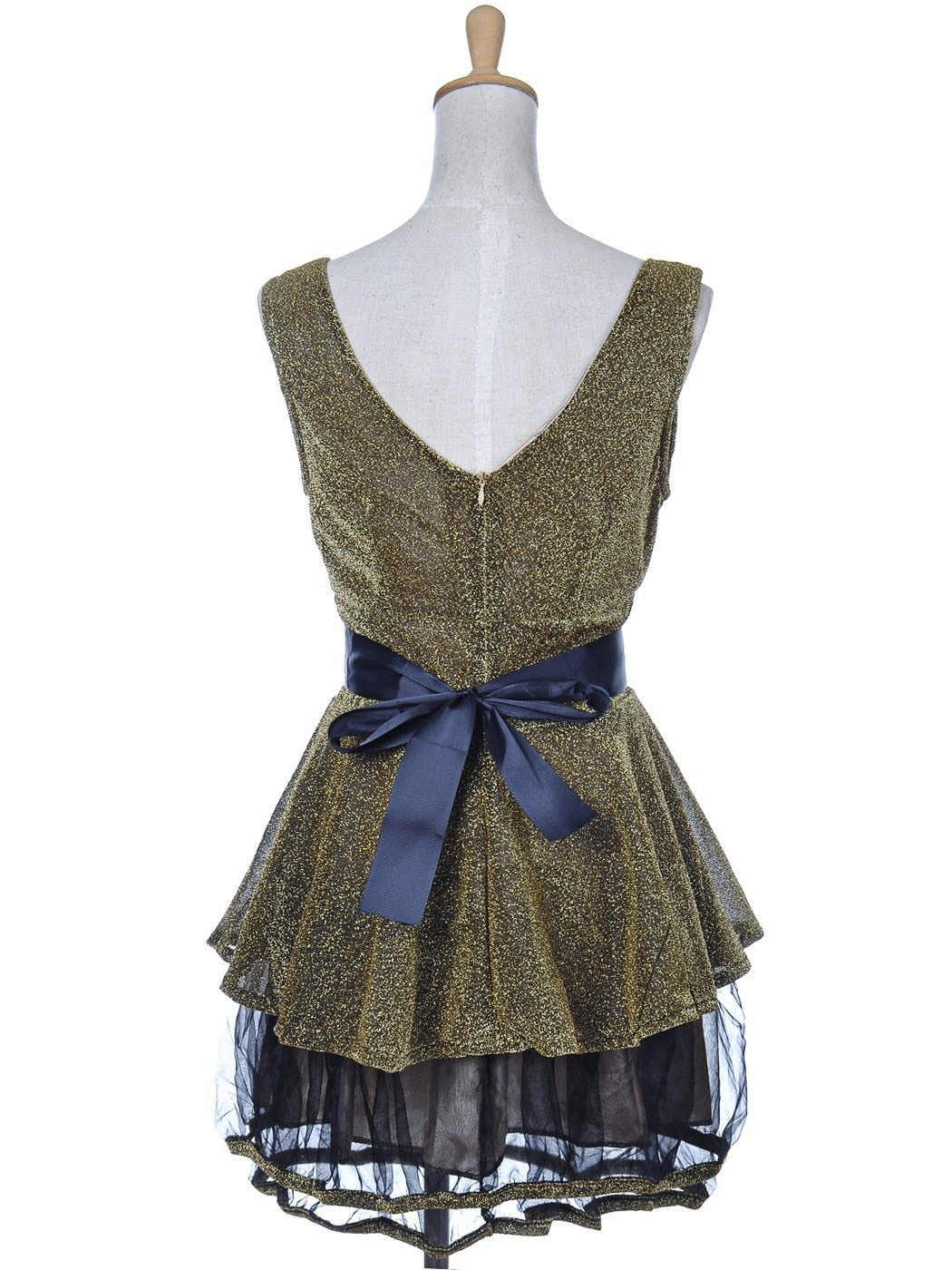 Womens Gold Glitter Tulle Flared Waist Tie V Neck Sleeveless Dress Office Lady image 1