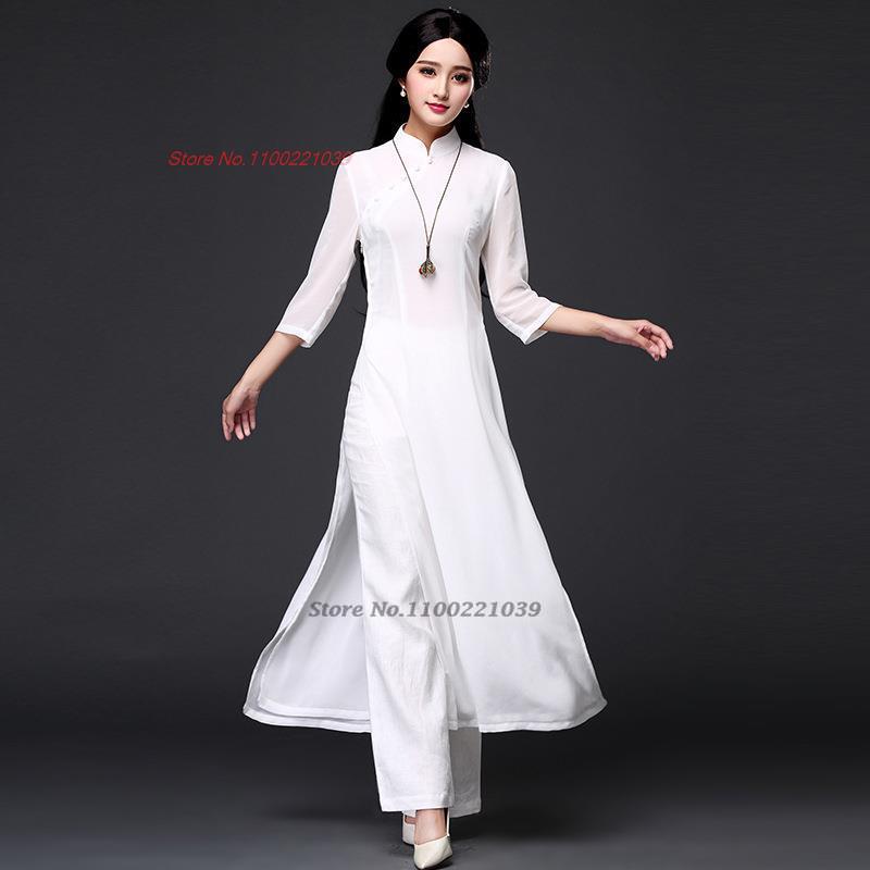 2024 traditional folk style aodai dress+pants set vietnam chiffon aodai elegant image 5