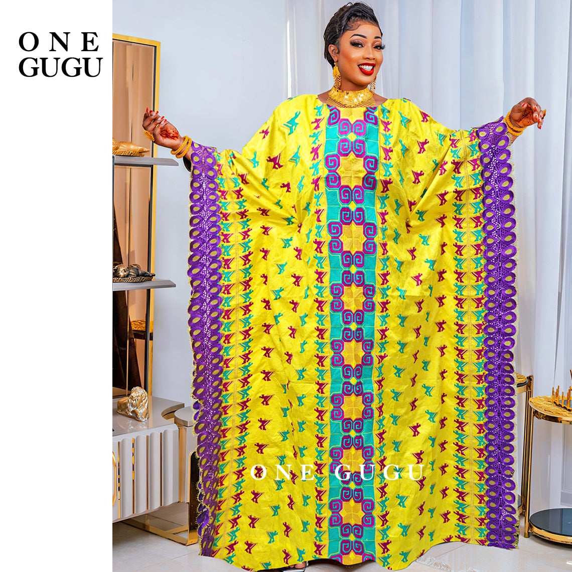 Yellow Embroidery African Basin Boubou For Women Wedding Traditional Bridesmaid image 1