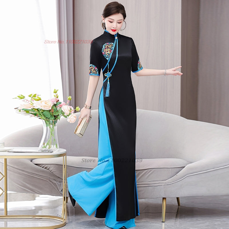 2024 vietnam traditional aodai dress+pants set national flower embroidery impro image 2