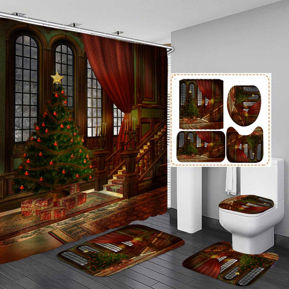 Merry Christmas Bathroom set Christmas Tree Pattern Waterproof Shower Curtain T image 1