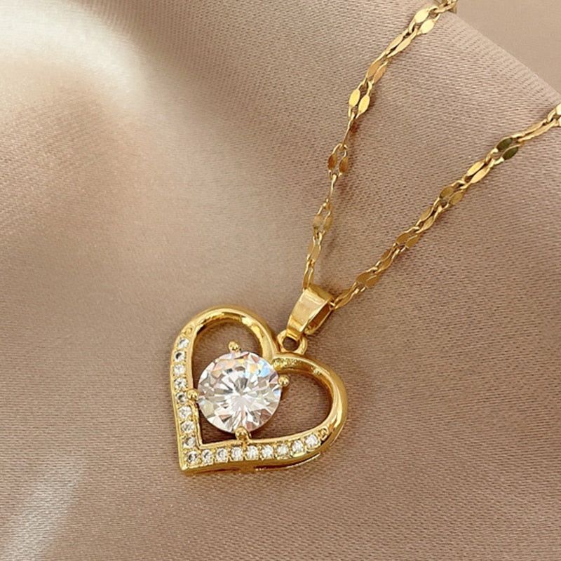 Artificial Gems Heart Pendant Necklace for women 2022 Golden Stainless Steel Li image 3