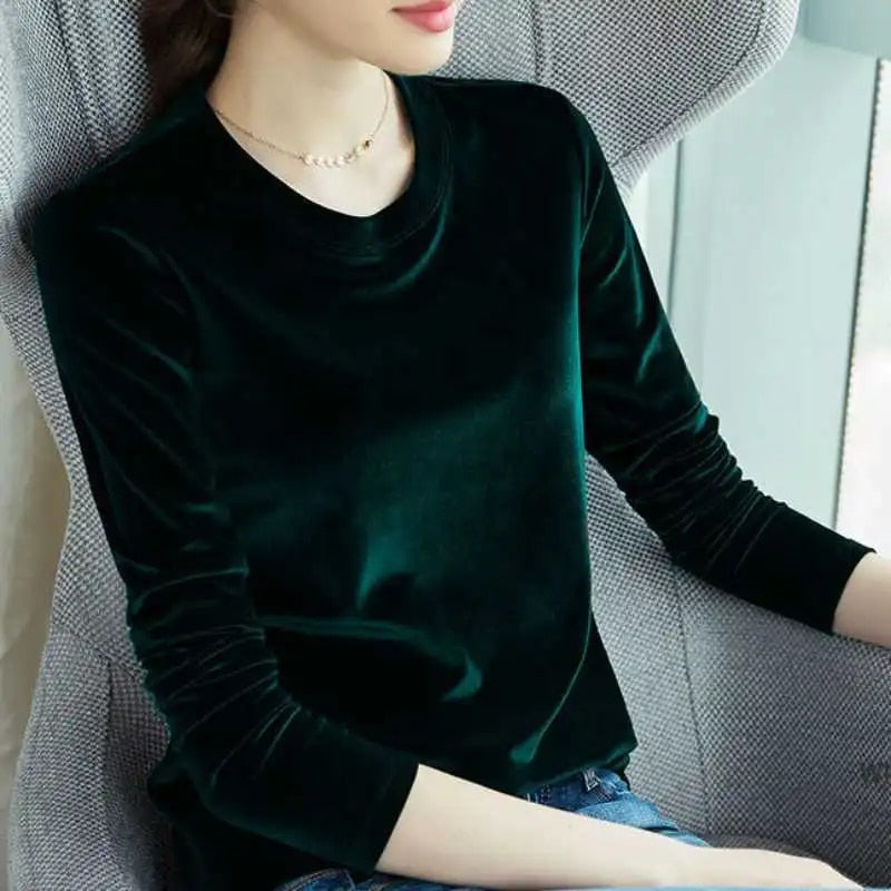 Spring Long Sleeve Loose Early Autumn T-shirt Women Gold Velvet Short Paragraph image 9