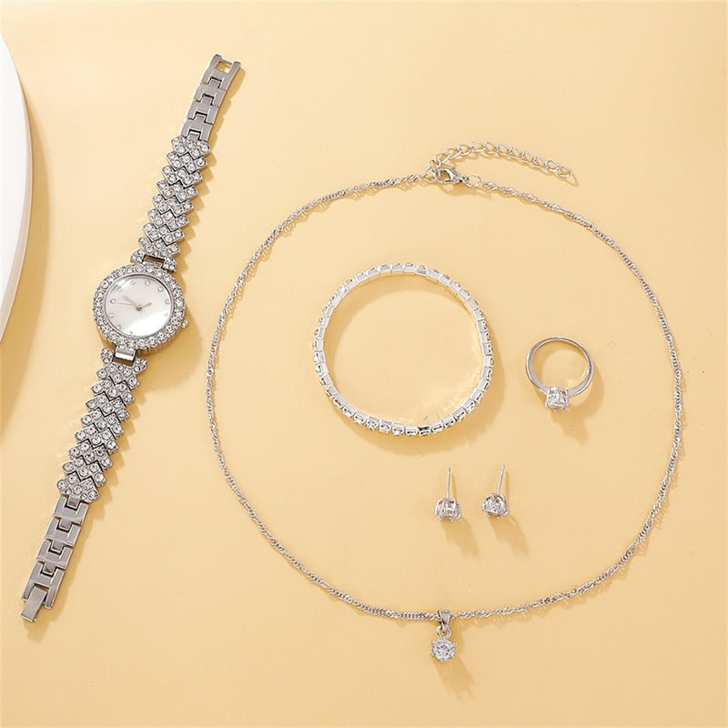 6PCS Set Luxury Watch Women Ring Necklace Earring Rhinestone Fashion Wristwatch image 4