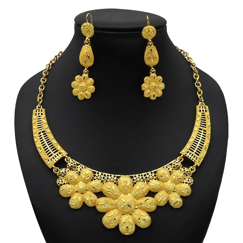 Indian Gold Plated Jewelry Set For Women African Bridal 24K Gold Color Necklace image 7