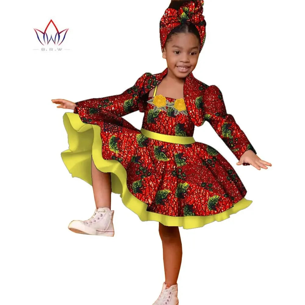 3pcs Set African Kids Gril Dashiki Dress Coat and Headtie Suits Africa Print Pa image 7