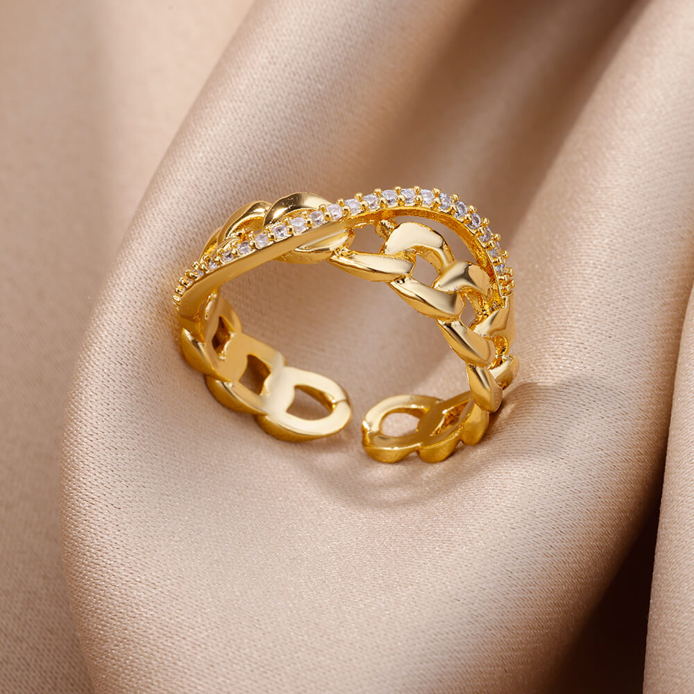 Fashion Gold Color Stainless Steel Rings For Women Chain Hollow Out Crystal Zir image 21