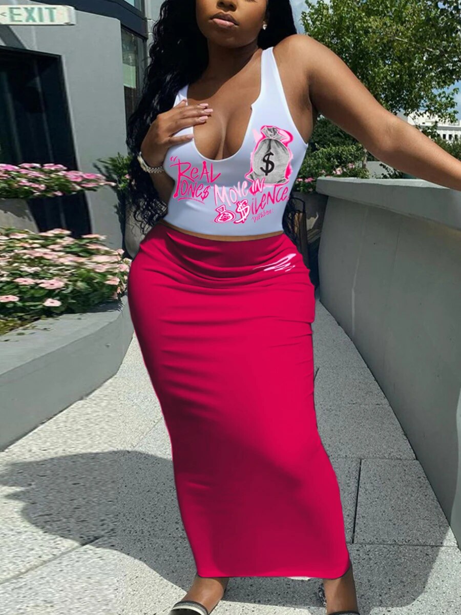 LW Letter Print Two Pieces Dresses Suits Sleeveless Pullover Cutout Cami Top&Lo image 5