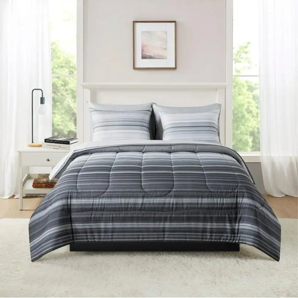 Mainstays Grey Ombre Stripe Bed-in-a-Bag King Comforter Set Polyester Reversibl image 2