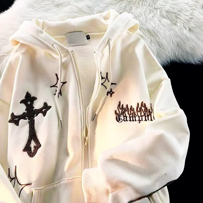 Gothic Embroidery Retro Hoodies Women Harajuku Long Sleeve Zip Up Loose Hooded image 4