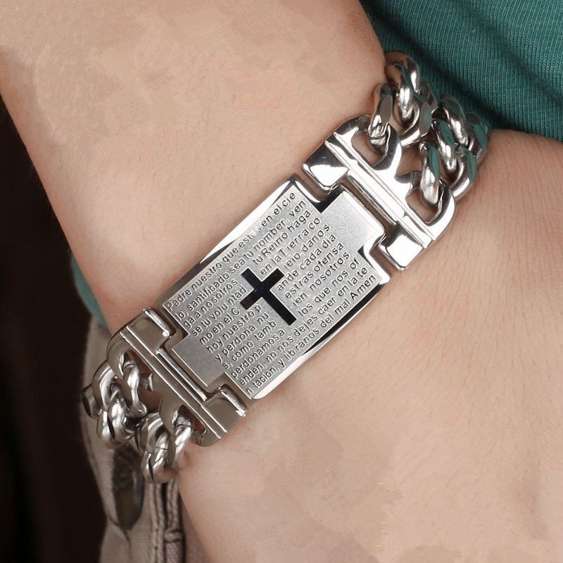 Mens Stainless Steel Bracelet Gold Color Cuban Chain Jesus Cross Bracelet Man image 2