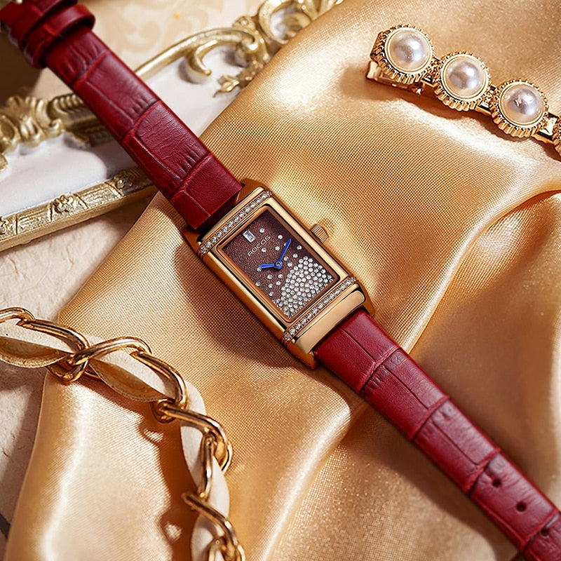 ROCOS Luxury Watch Women Diamond Rose Gold Quartz Wristwatches Leather image 5