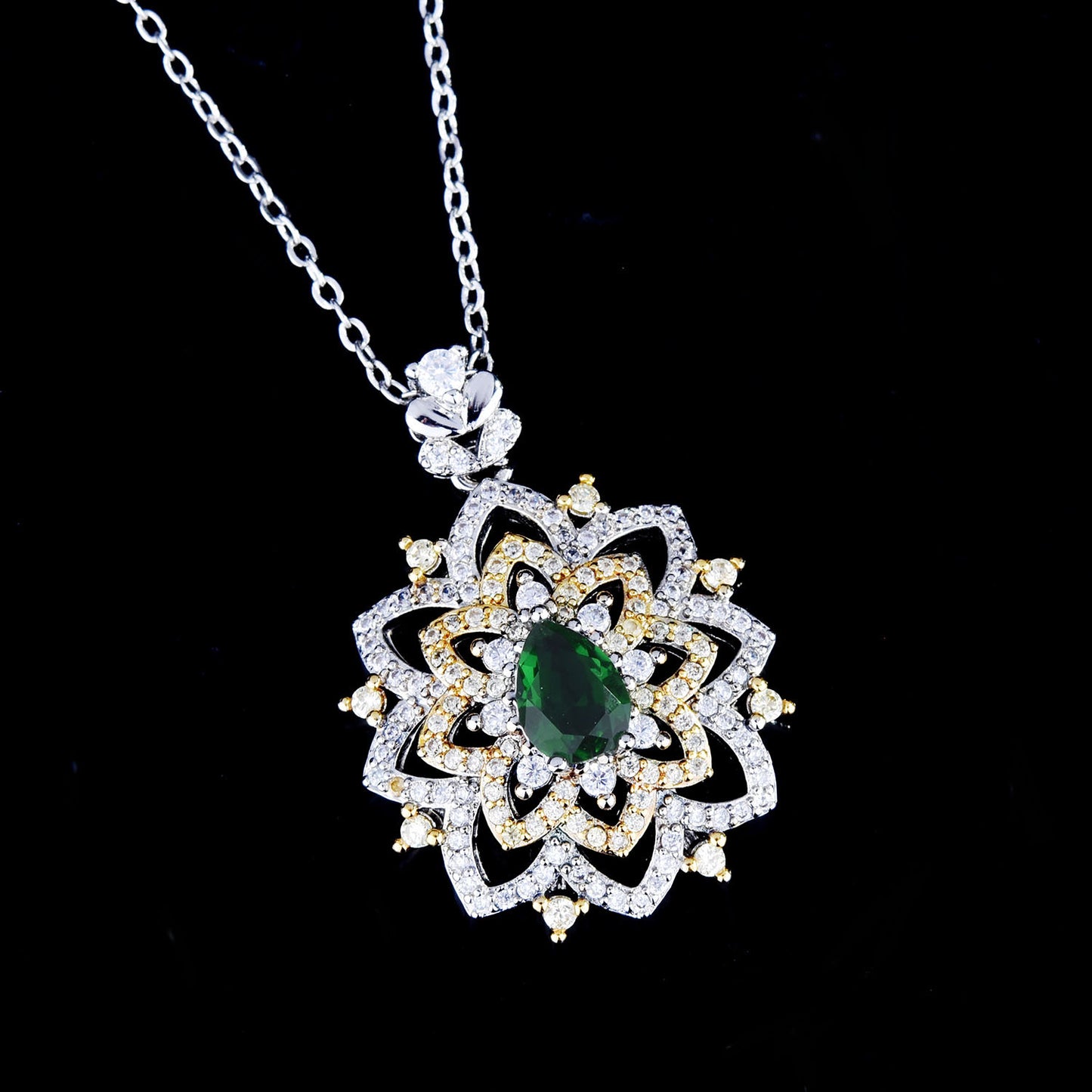18K Multi Gold Necklace for Women Natural Emerald Diamond with Diamond Pendants image 1