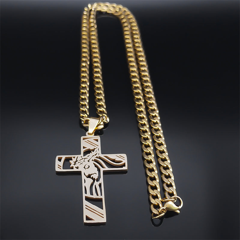 Hip Hop Punk Crown of Thorns Jesus Cross Necklace for Men Stainless Steel Gold image 11