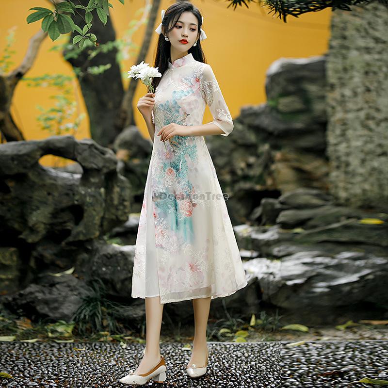 Summer chiffon ao dai elegant dress qipao oriental printing dress qipao vietnam image 3