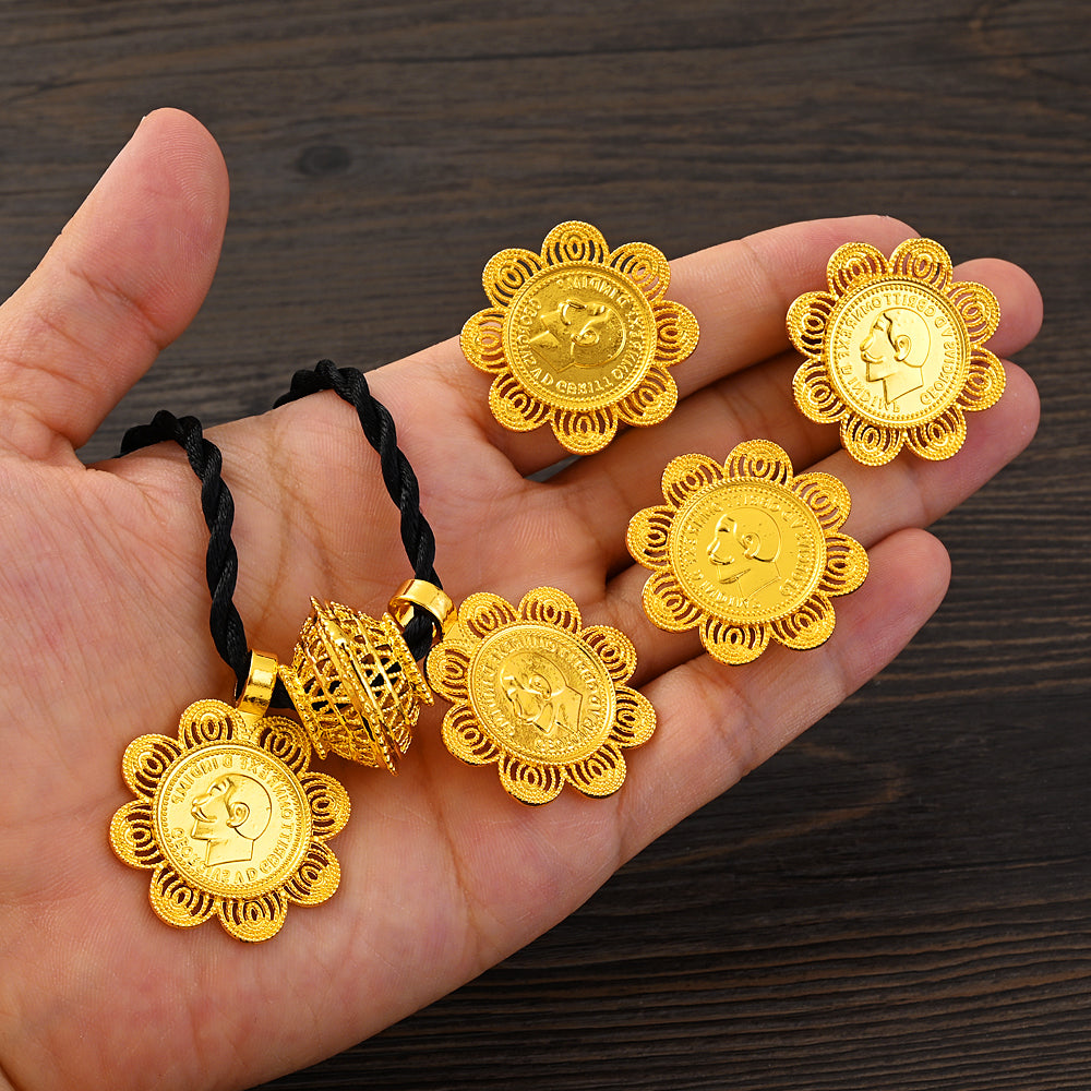 Ethiopian Luxury Jewelry Sets Gold plated Earrings Ring Pendant for Women Eritr image 0