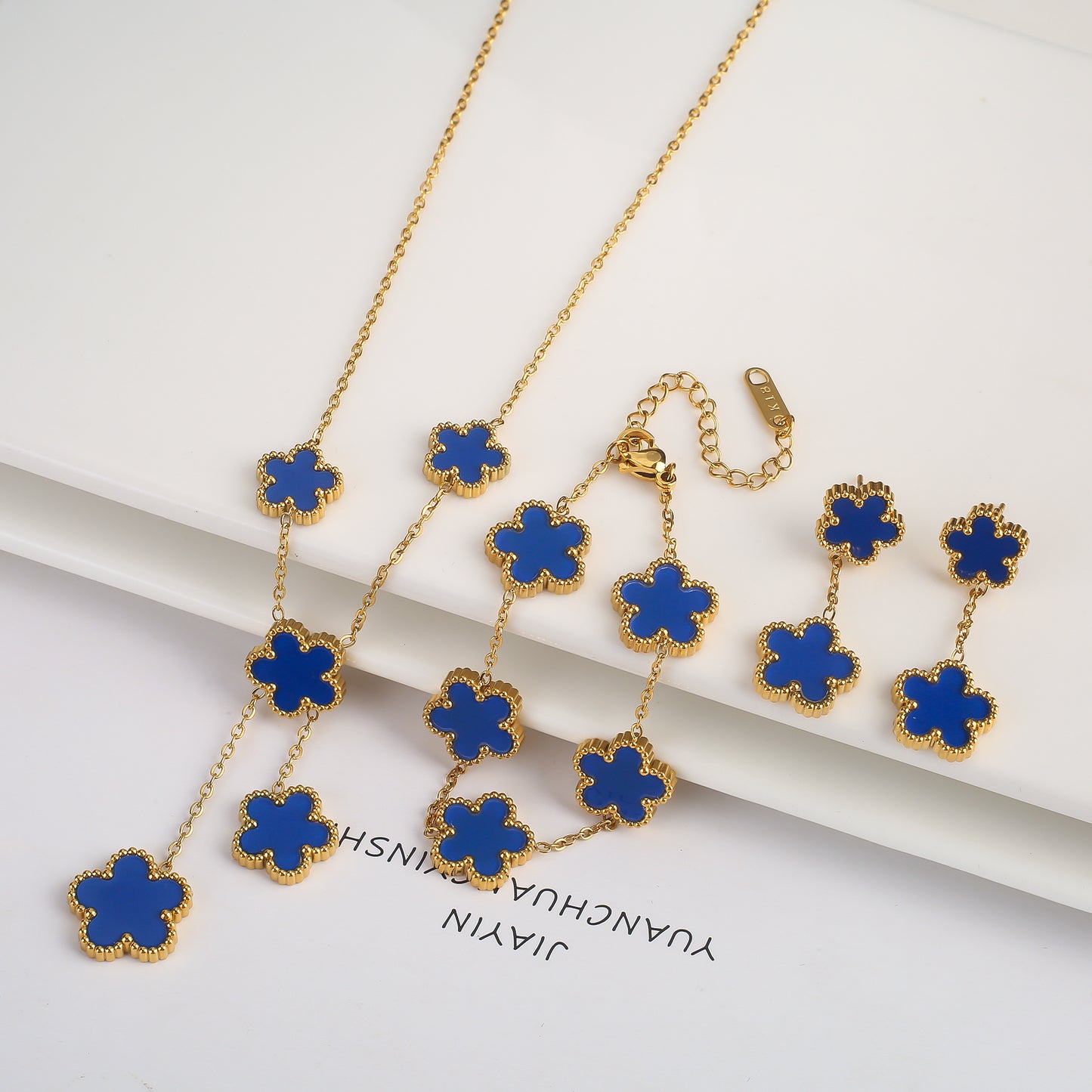 3Pcs 18k Gold-Plated Five-Leaf Flower Necklace Earrings Bracelet Jewelry Set Fo image 16