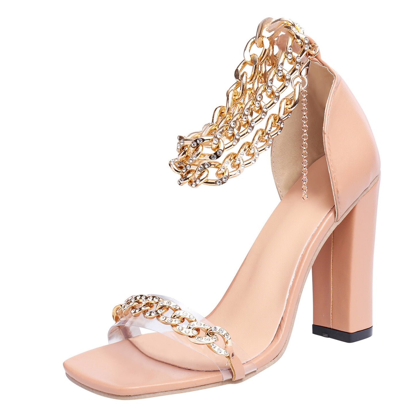 Gold-Tone Chain Embellished Ankle Strap High Heel Sandals for Women Fashion image 0