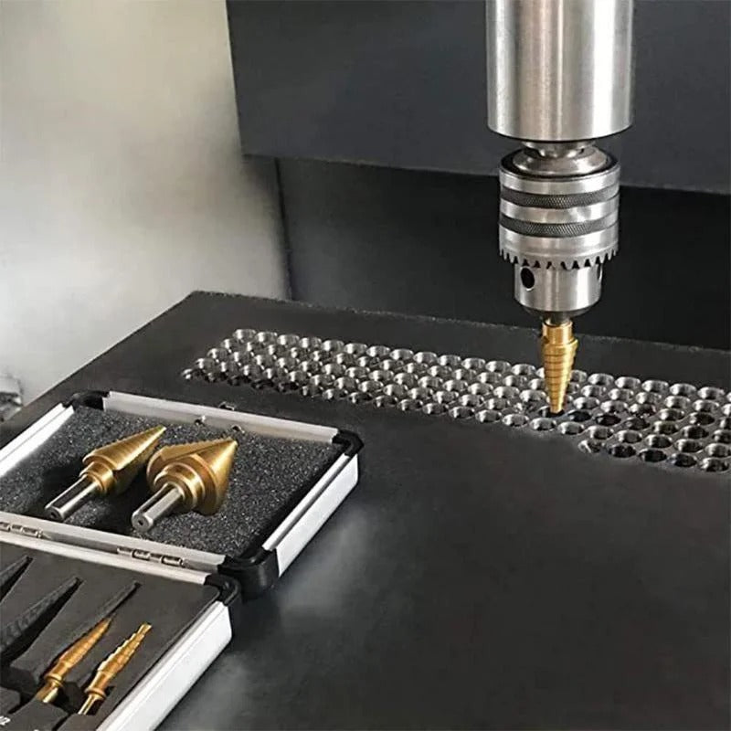 Step Drill Bit Set 5-Piece Titanium-Coated High Speed Steel with Automatic Cent image 3