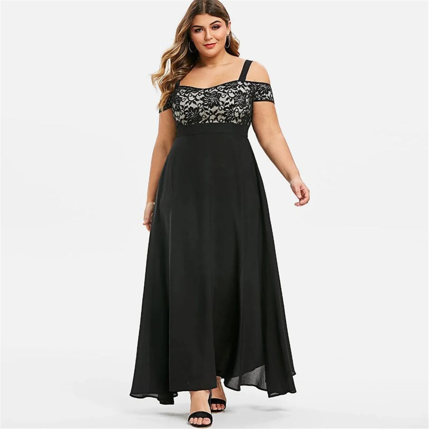 Plus Size Women Plus Size Cold Shoulder Floral Lace Maxi Party Evening Camis Lo image 4