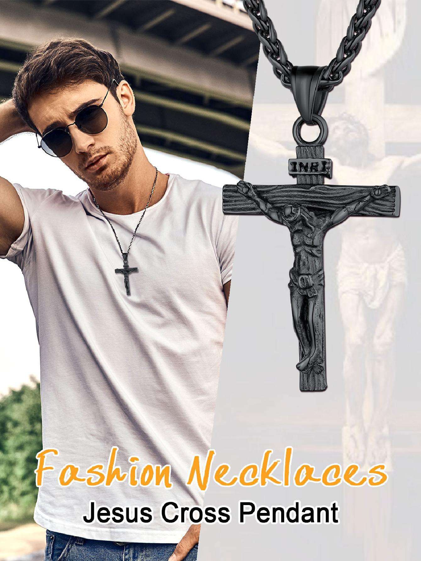 U7 Men INRI Cross Pendant Baptism Christian Jewelry Stainless Steel/Gold/Black/ image 3