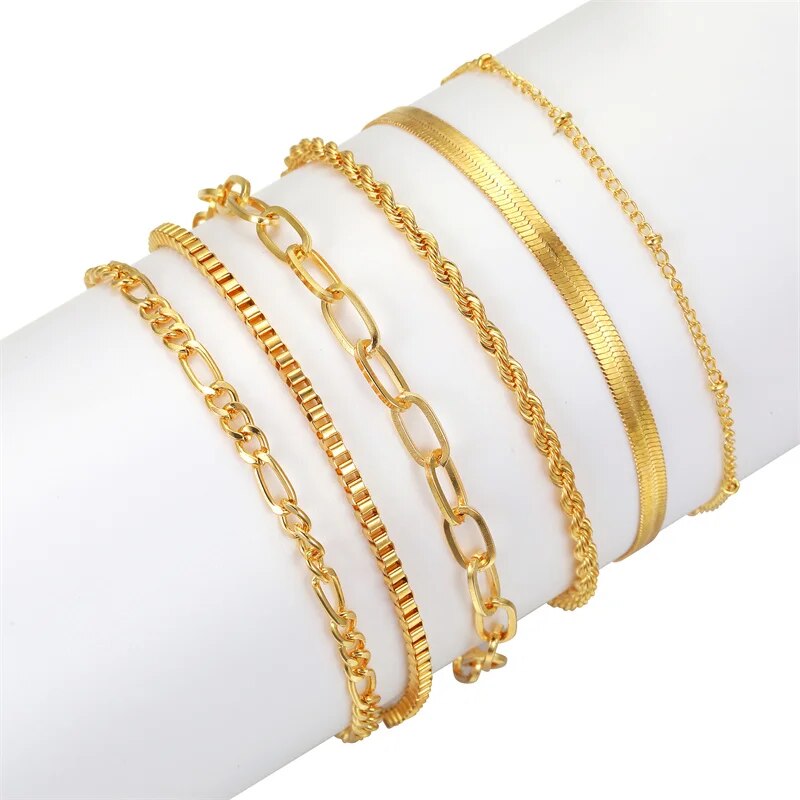 6Pcs Gold Color Bracelet Set Boho Retro Thick Twist Cuban Chain Bracelet for Wo image 5