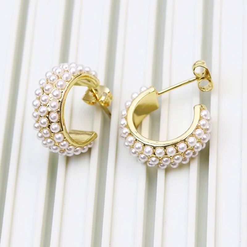 5 Pairs Fashion Design Elegant Pearls Hoop earrings Gold Plated Pearls Earring image 1